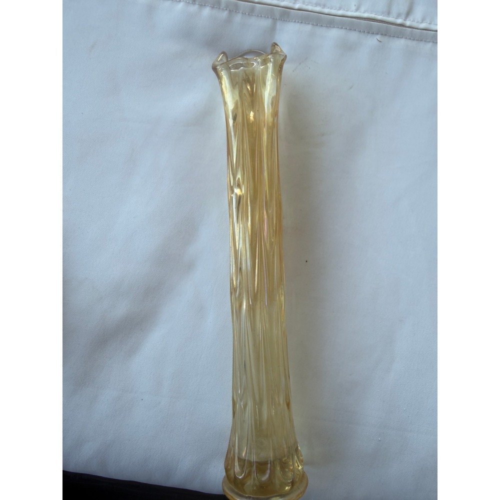 Vintage Amber Gold Swung Art Glass vase 10" Ribbed Ruffled Rim MCM